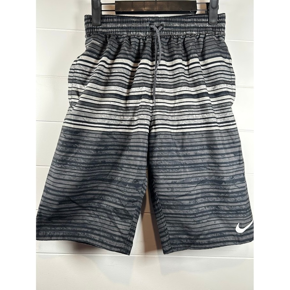 Nike Mens Swim Trunks Small Grey Black Striped Mesh Liner Board Shorts Beachwear